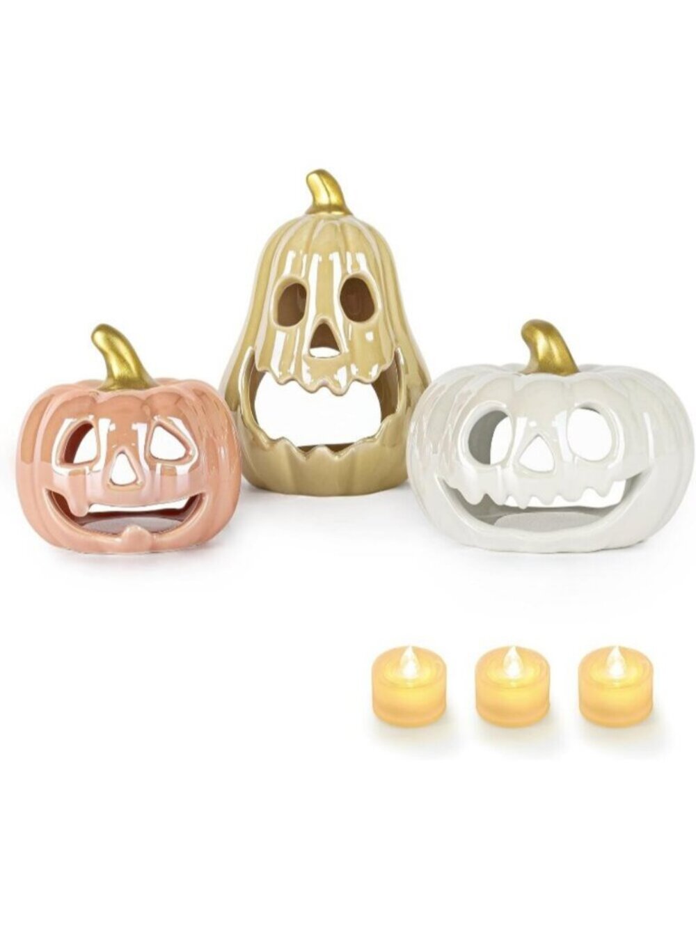 Colorful Ceramic Pumpkin with 3 Tea Lights Jack-O-Lantern Candle Holder Set of 3